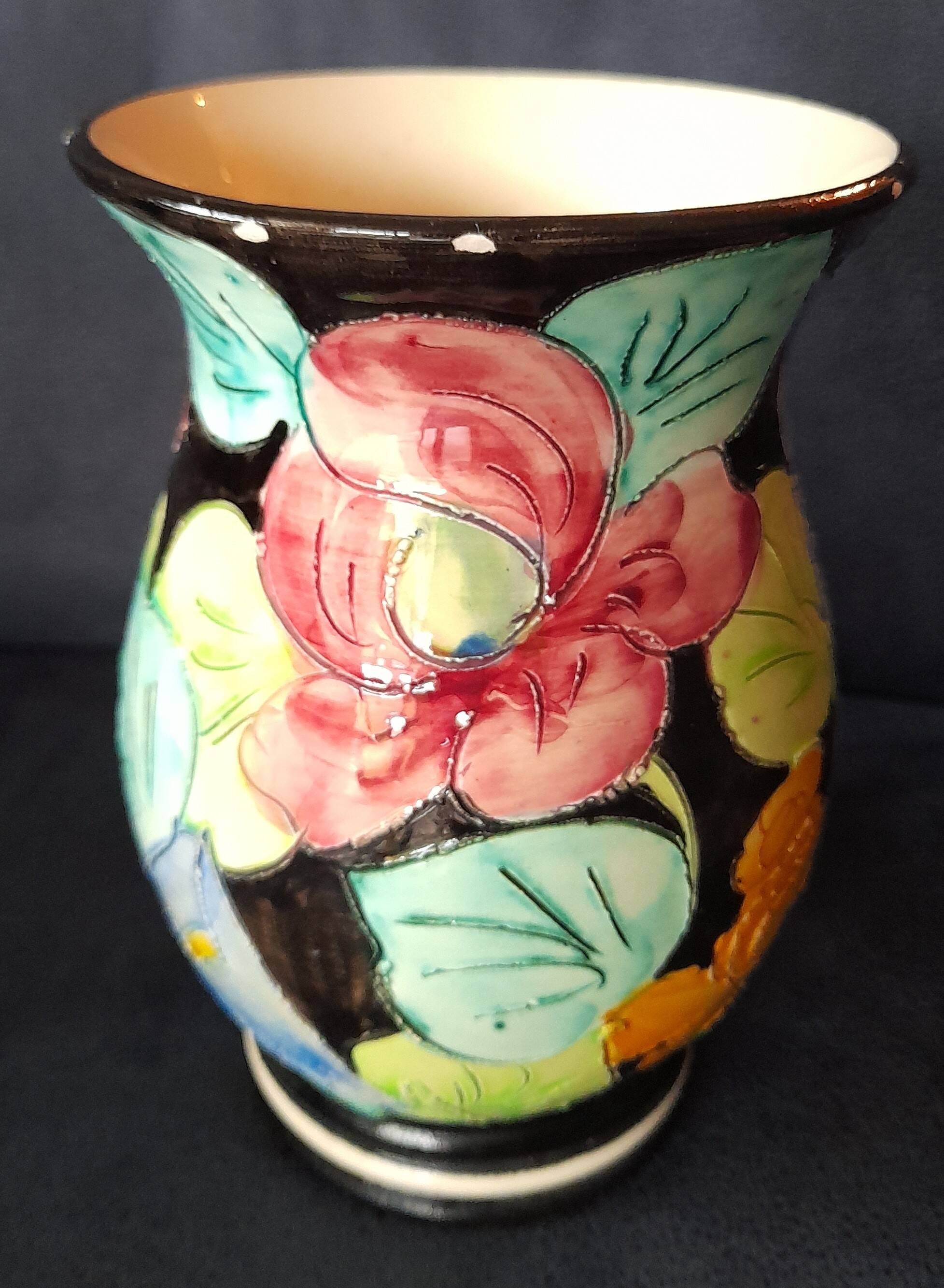 Vallauris glazed ceramic vase with incised flower decoration