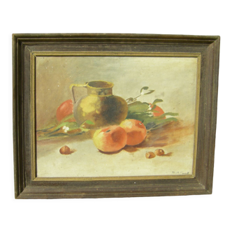 Peinture à l'huile ancienne Nature morte "cruche et fruits"