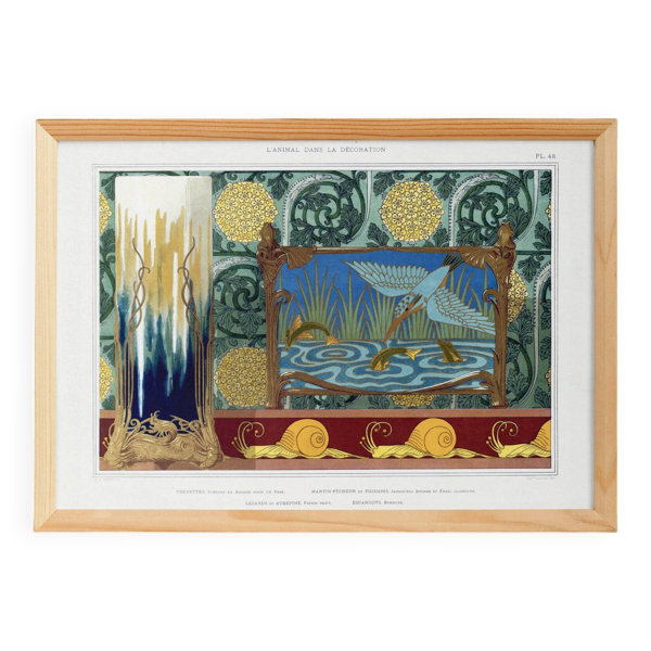 Affiche “ Martin-pêcheur et poissons”, d’après une lithographie art nouveau