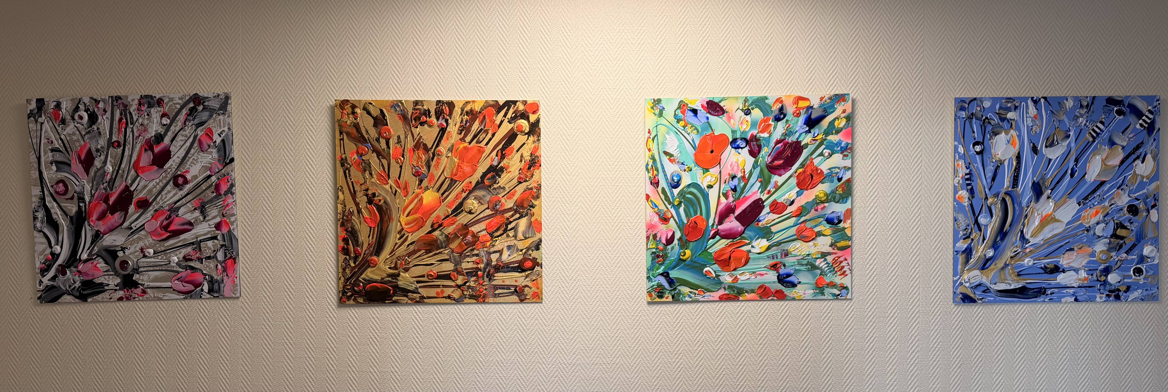 Quadriptyque de peintures abstraites florales au couteau JP Accault