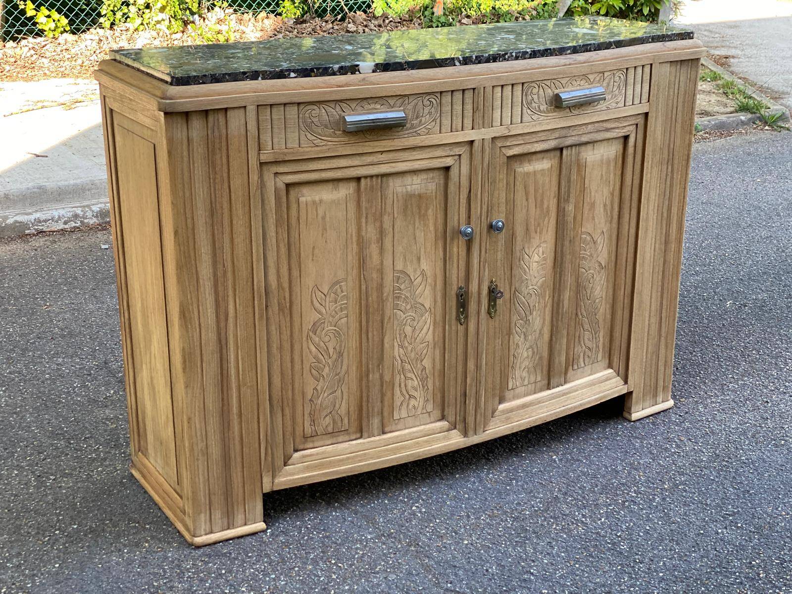 Renovated vintage art deco Parisian sideboard in solid wood and marble 152cm