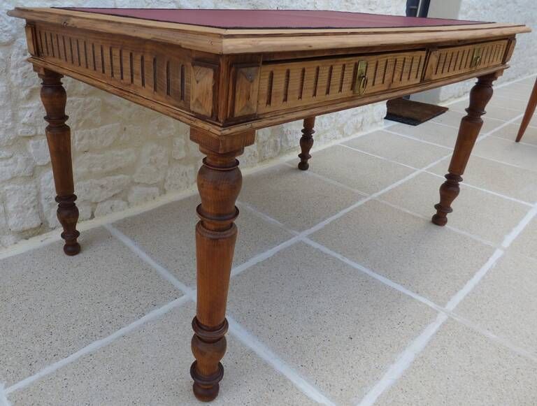 Antique desk with 2 drawers and burgundy faux leather top - Very good condition -