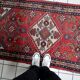1920s Handmade Vintage Wool Medallion Rug, Red, 93 × 202 cm - 1C1292