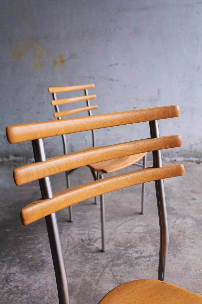 Set of 4 Zumsteg Chairs — Light Wood Seats with Grey Metal Tubular Frames, Postmodern Industrial