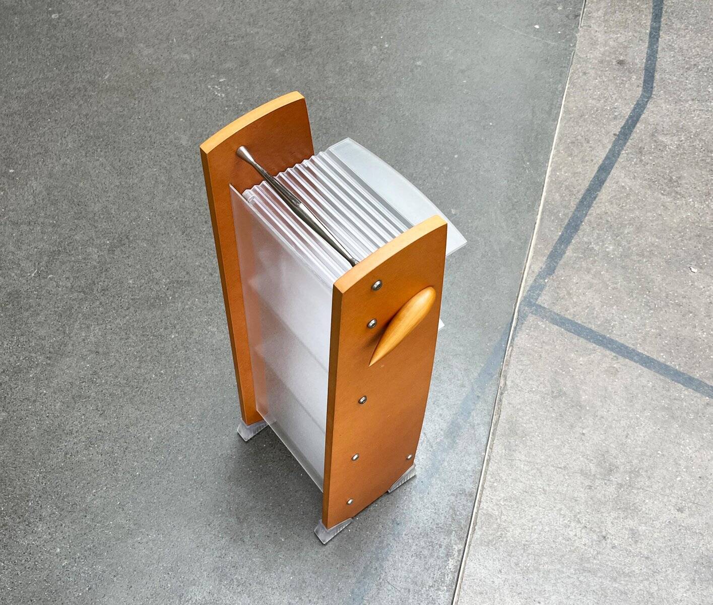 Postmodern CD storage unit in wood, metal, and plastic by Ezech, 1980s.