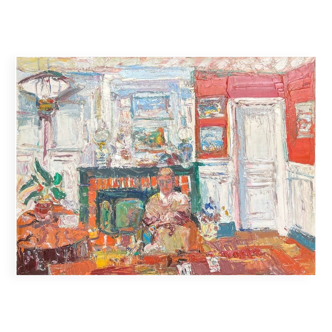 Vintage figurative painting – Man in an interior – oil on canvas signed