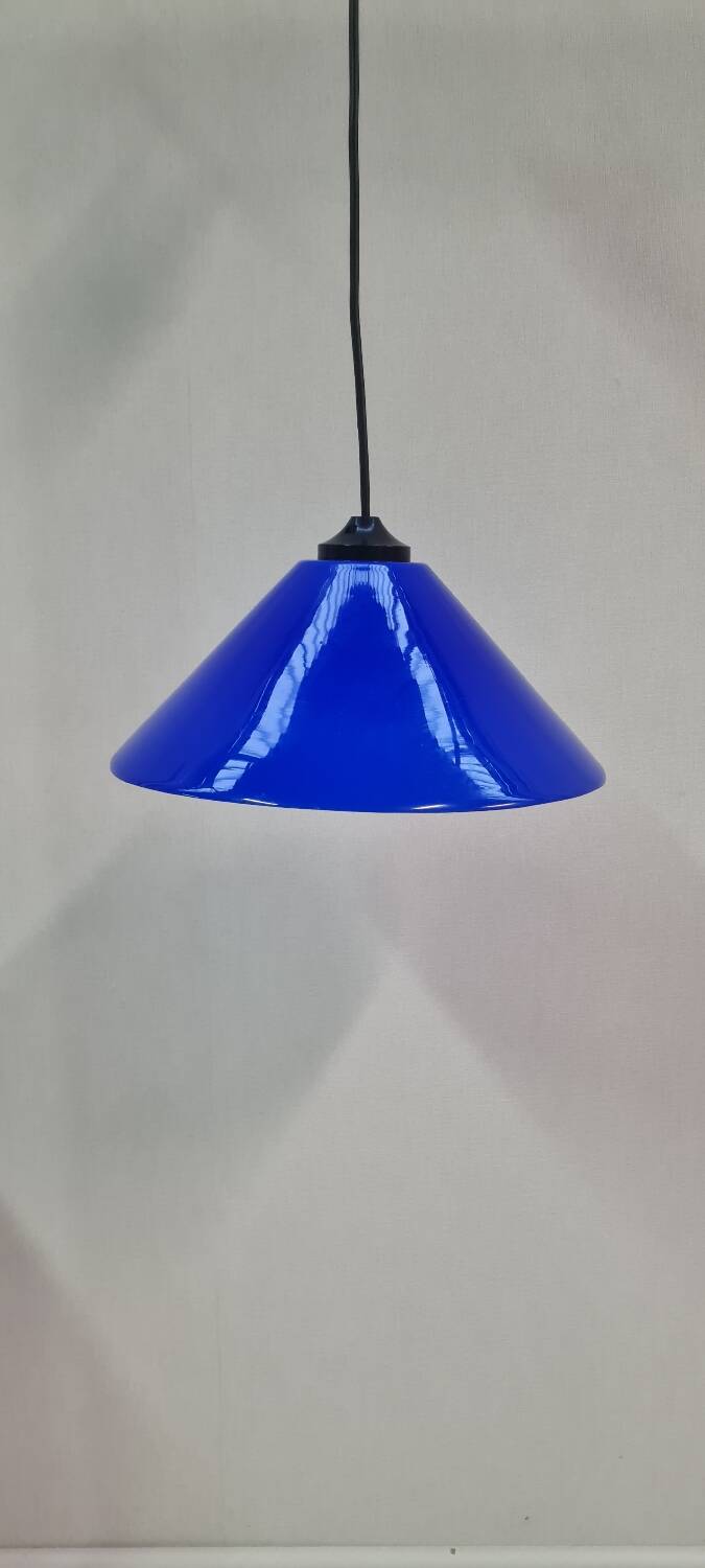 Conical pendant light in blue opaline glass