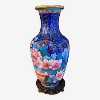 Grand vase cloisonne japon xix - debut xxeme tons bleus et fushia sur socle