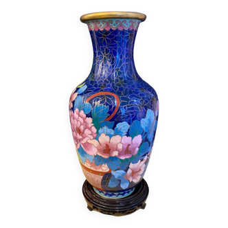 Grand vase cloisonne japon xix - debut xxeme tons bleus et fushia sur socle