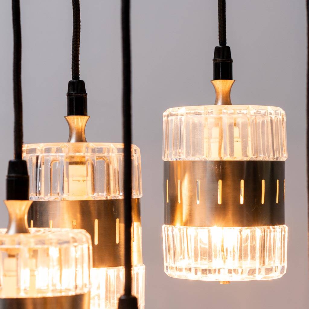 Chandelier 6 lights glass metal 1970s vintage modernism