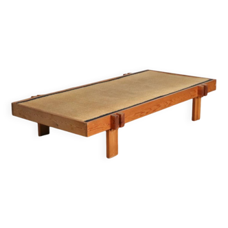 Table basse japonaise vintage en bois et jonc de mer, Japon, 1960