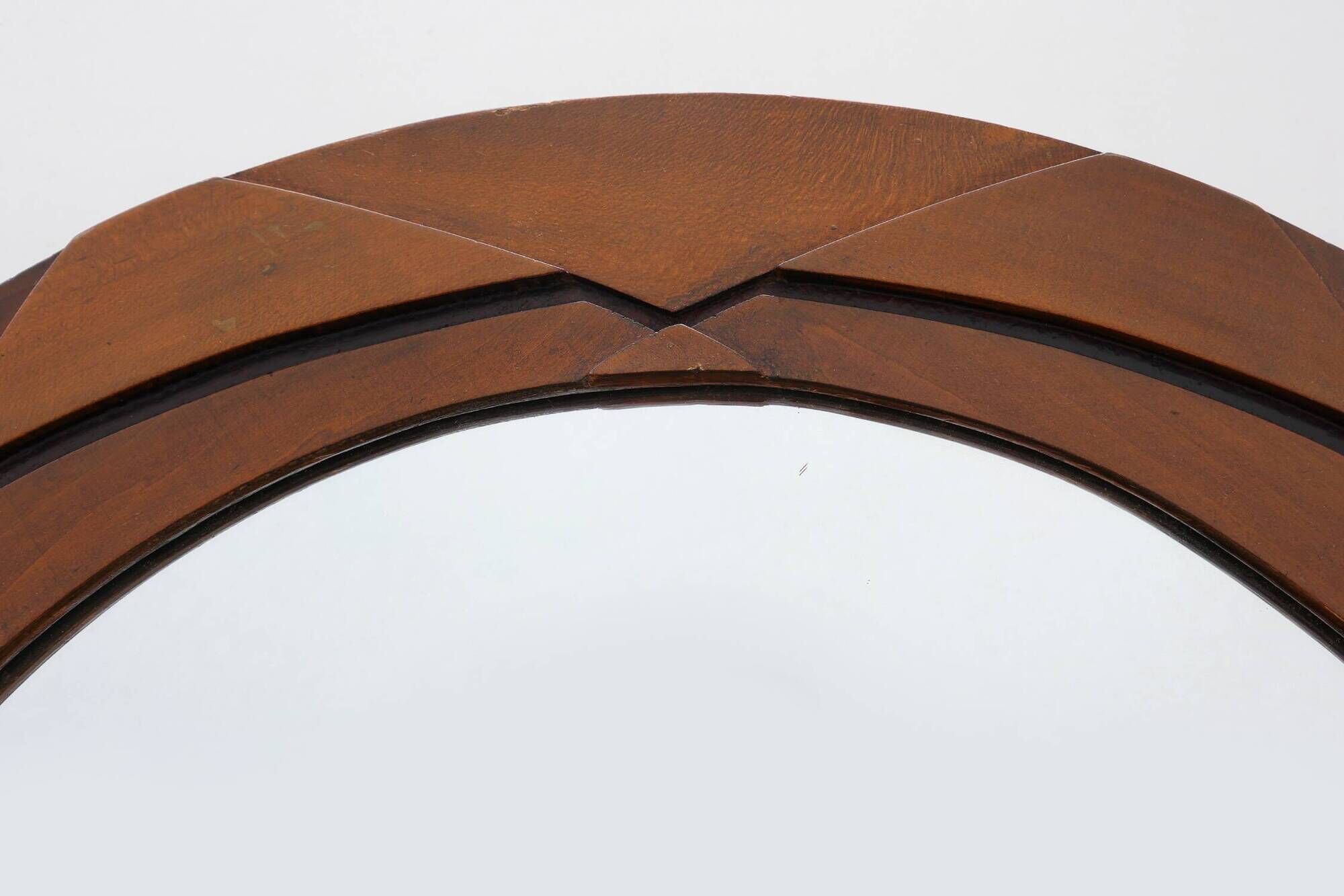 Belgian Art Deco Round Mirror with Geometric Wooden Frame, circa 1920