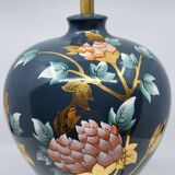 Lampe  Louis Drimmer en porcelaine bleue décorée à l'or fin de fleurs roses ,années 1970 Vintage