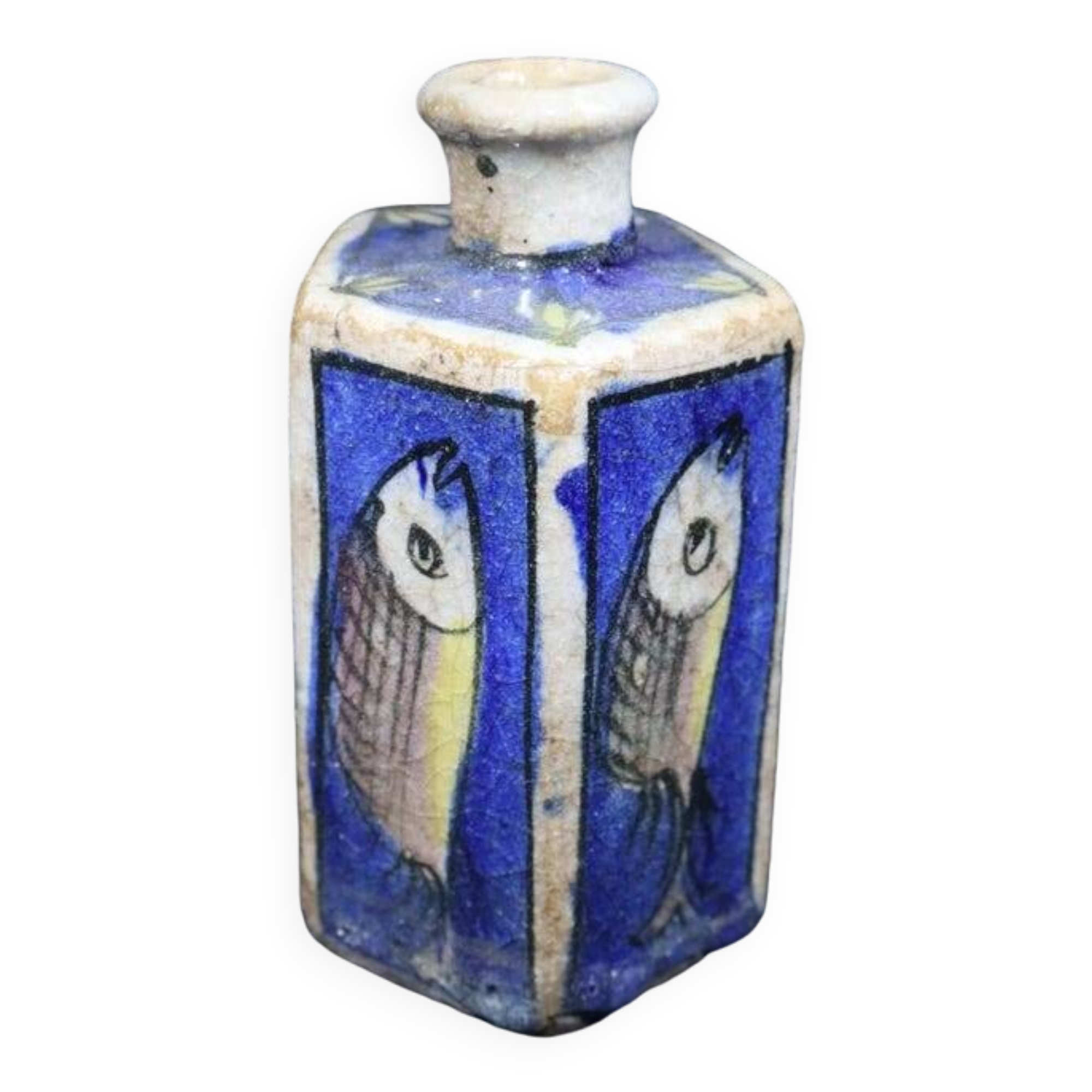 Antique Qajar Pottery Fish Vase Glazed Ceramic Hand Painted Antique Tea Bottle