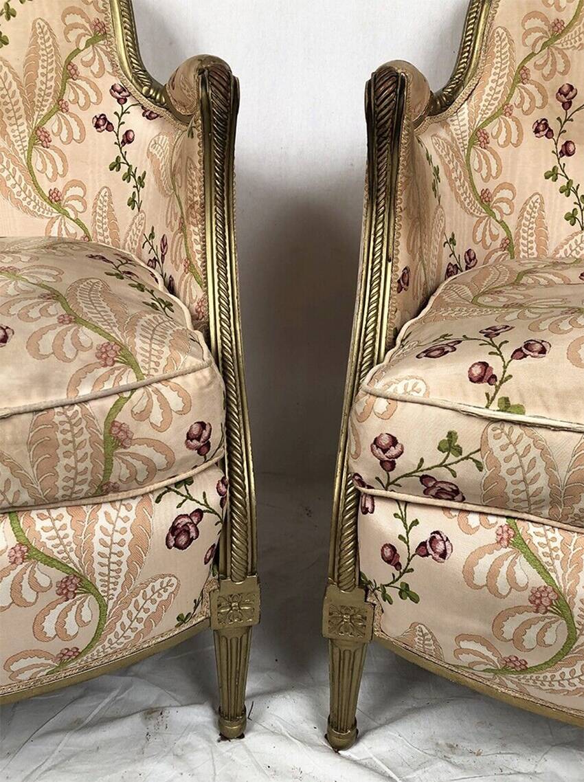 Pair of gilded wood chairs trimmed with silk with flower motifs, art deco inspired by Louis XVI