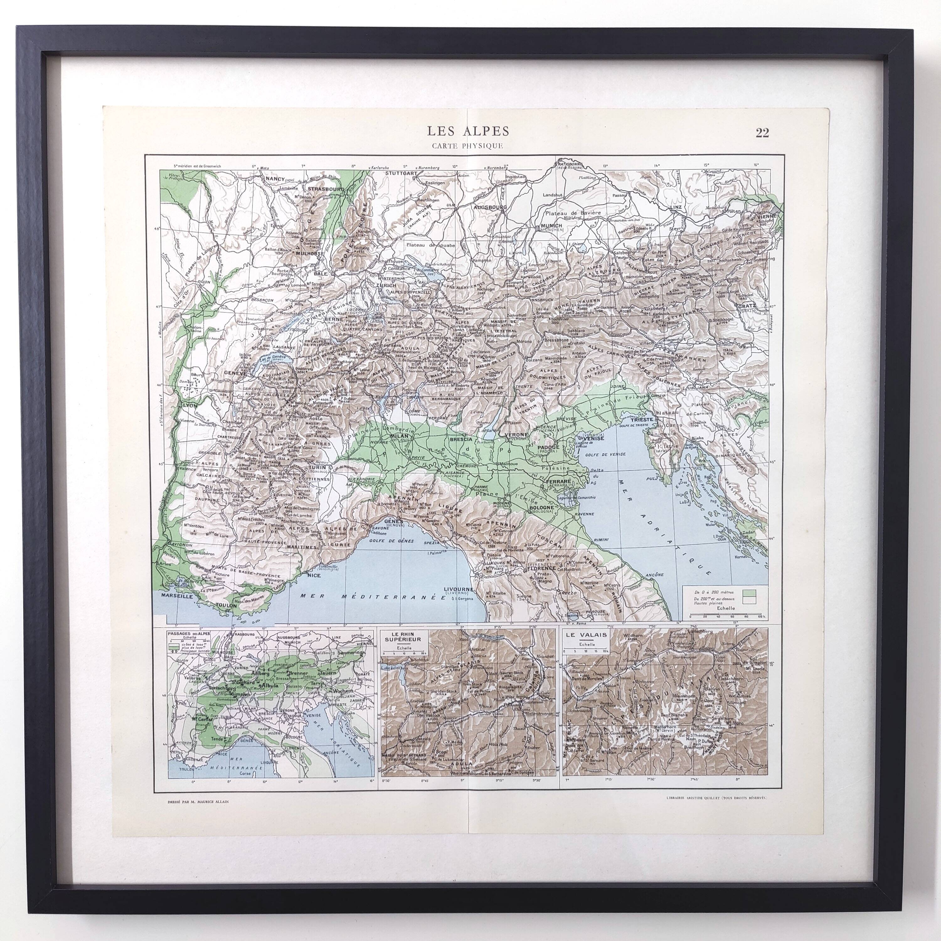 Vintage Europe Alps mountains map from 1950