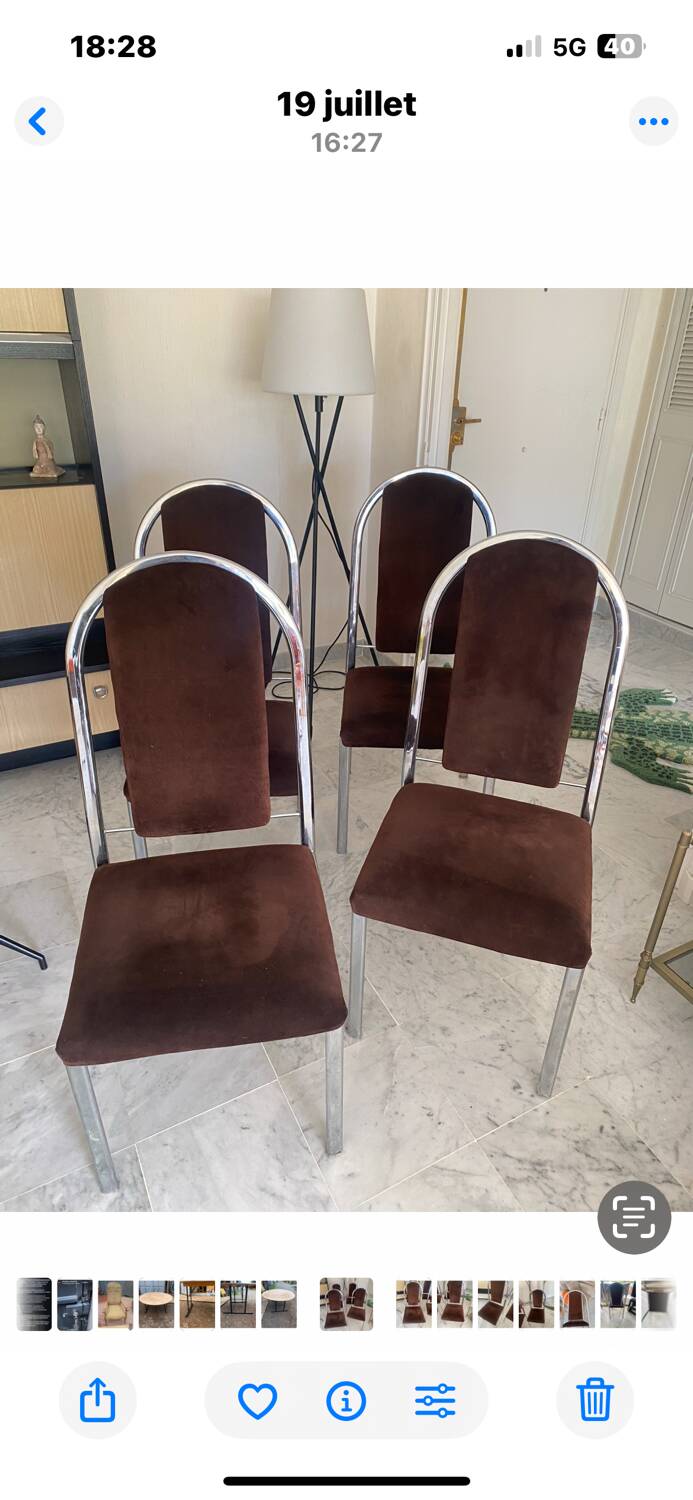 Quatre chaises chrome et velours ras marron design 70