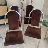 Quatre chaises chrome et velours ras marron design 70
