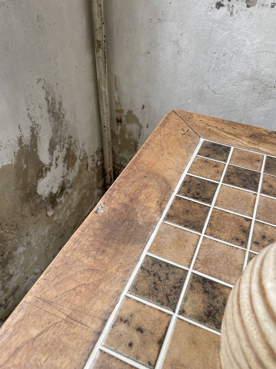 Set of two bistro tables in walnut and tiling from 1890.