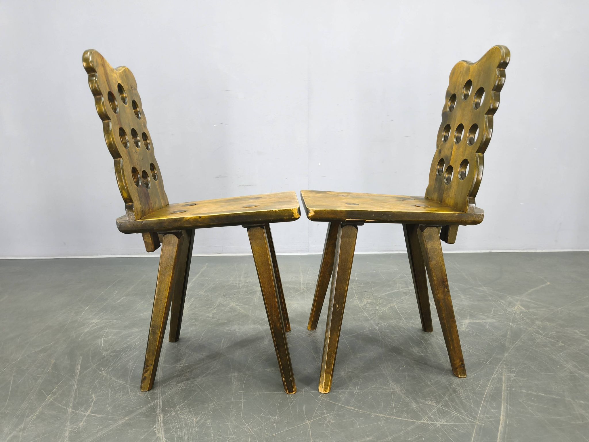 Set of 3 Brutalist Wooden Chairs, Czechoslovakia, 1950s