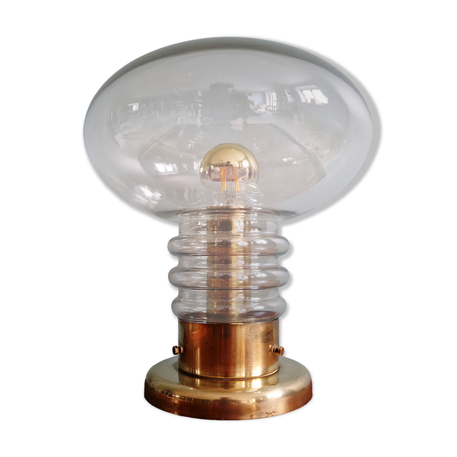 Space Age table lamp in brass and clear glass, 1960s-70s.