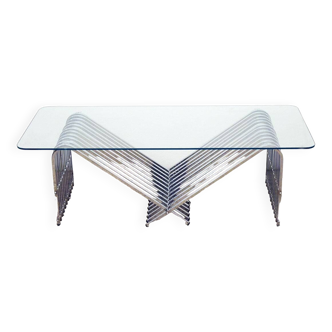 Coffee table in chromed metal and crystal, 1970s