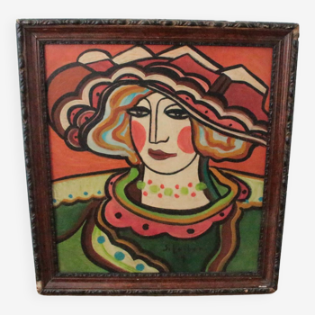 Peinture cubiste vintage des années 1970 de composition « Femmes modernes » Moderniste, encadrée