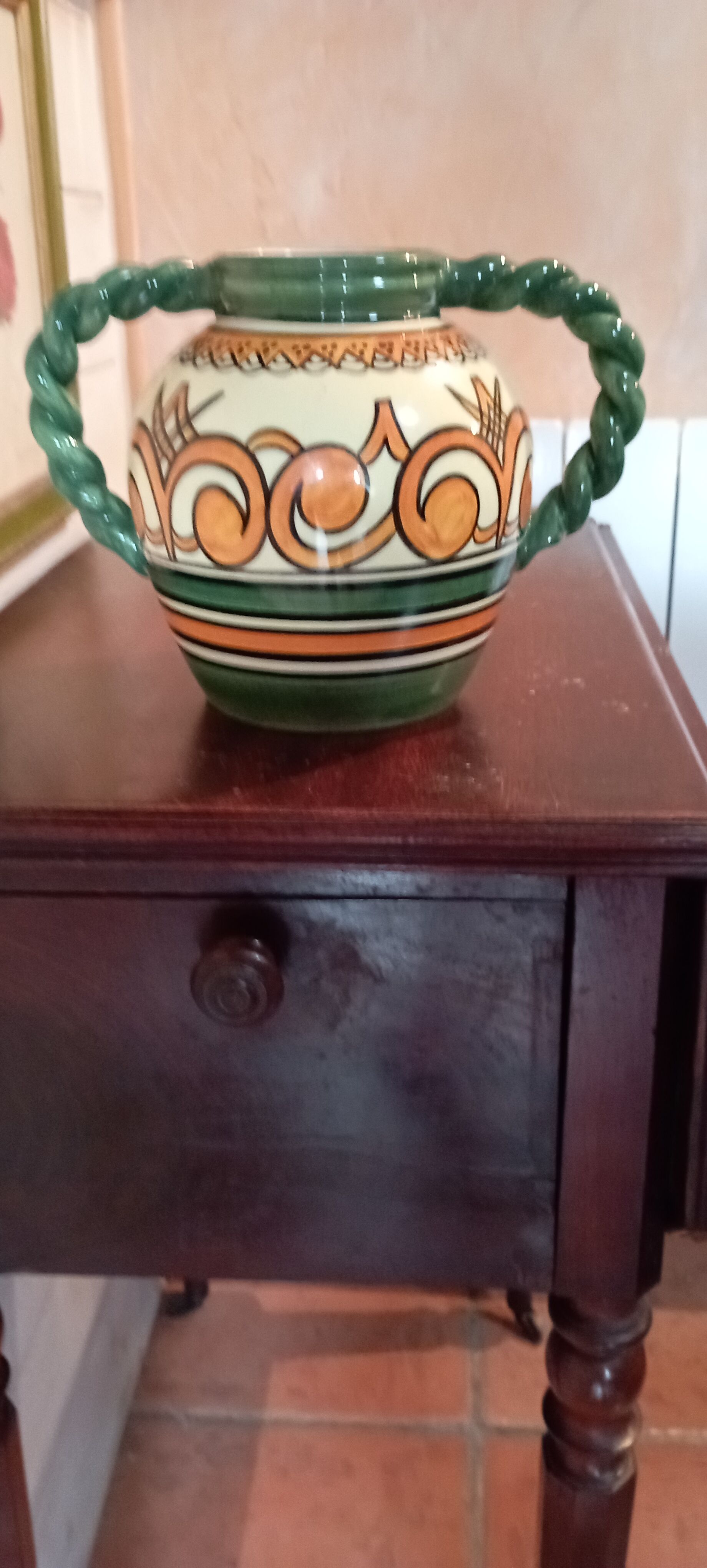 Henriot Quimper ball vase orange green arabesques