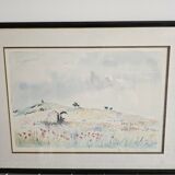 Painting - Watercolor landscape with poppies - View of Irancy (Yonne)