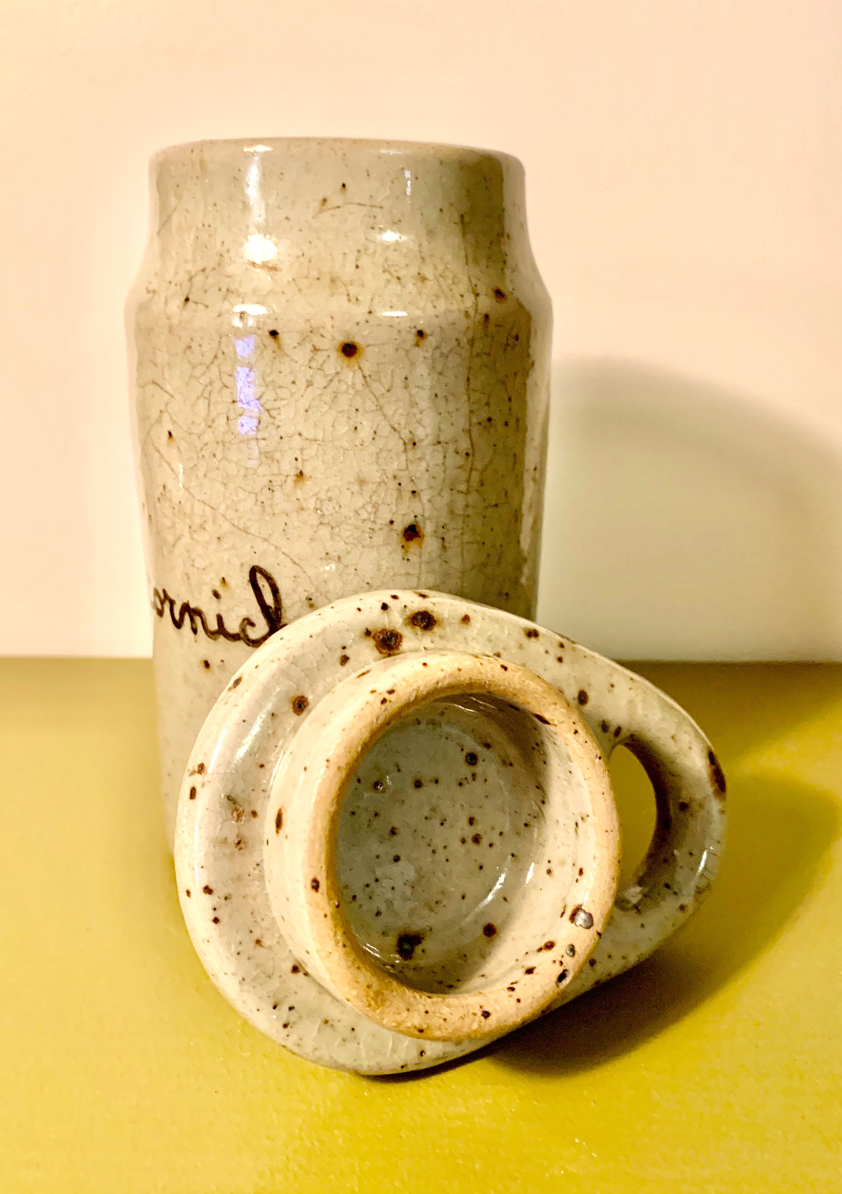 Signed spotted sandstone pickle pot