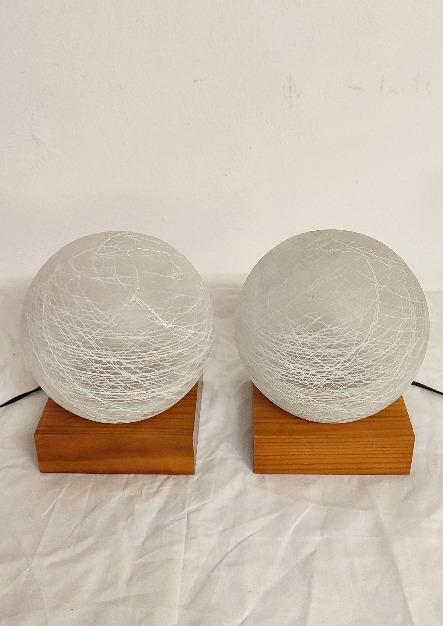 Pair of wooden and glass table lamps. Italy, 1970s.