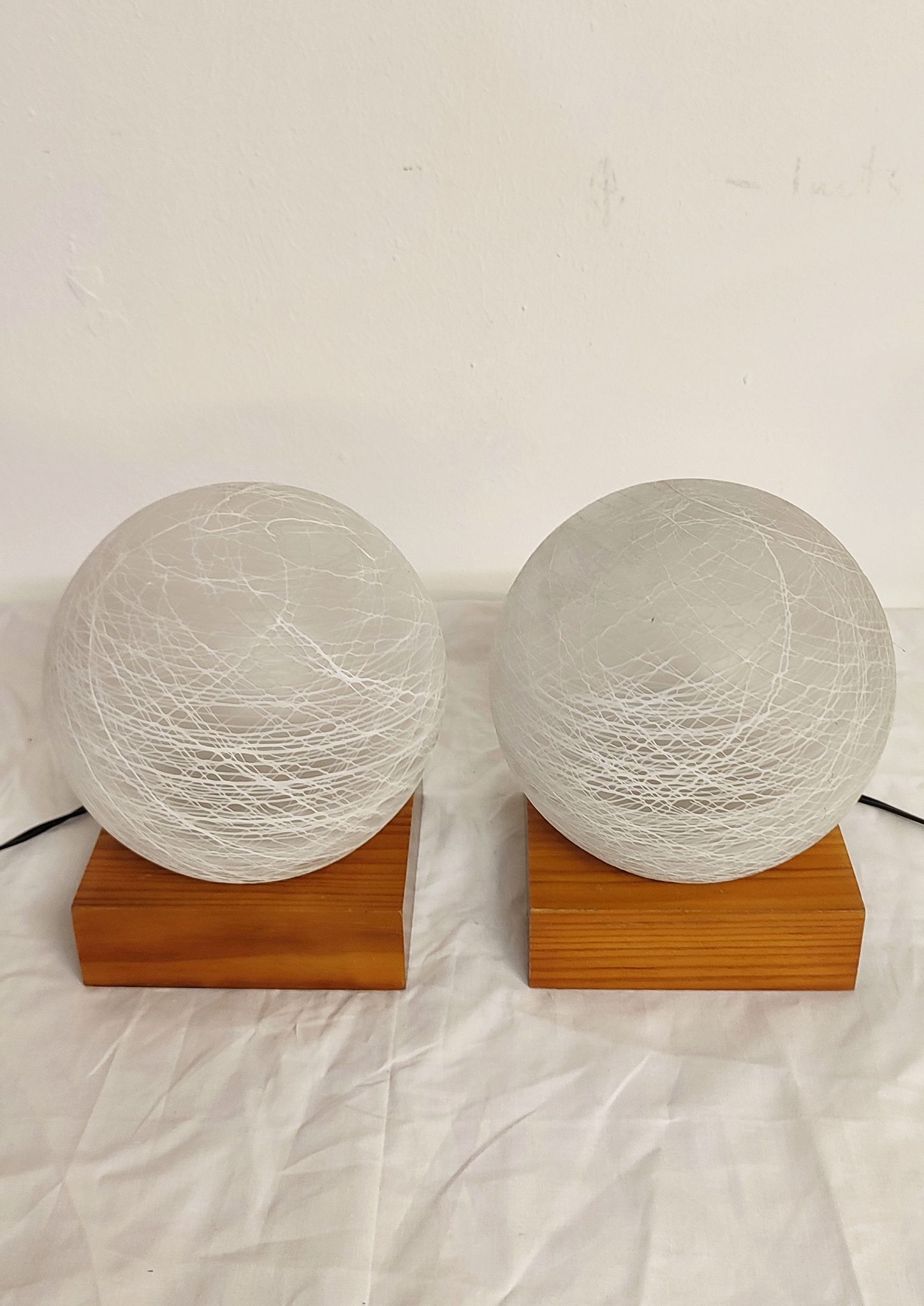 Pair of wooden and glass table lamps. Italy, 1970s.