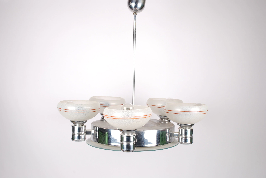 Art deco machine age style chandelier in chrome and frosted glass, 1940s