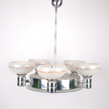 Art deco machine age style chandelier in chrome and frosted glass, 1940s