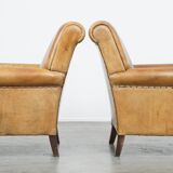 Set of 2 Large Vintage Sheepskin Leather Armchairs