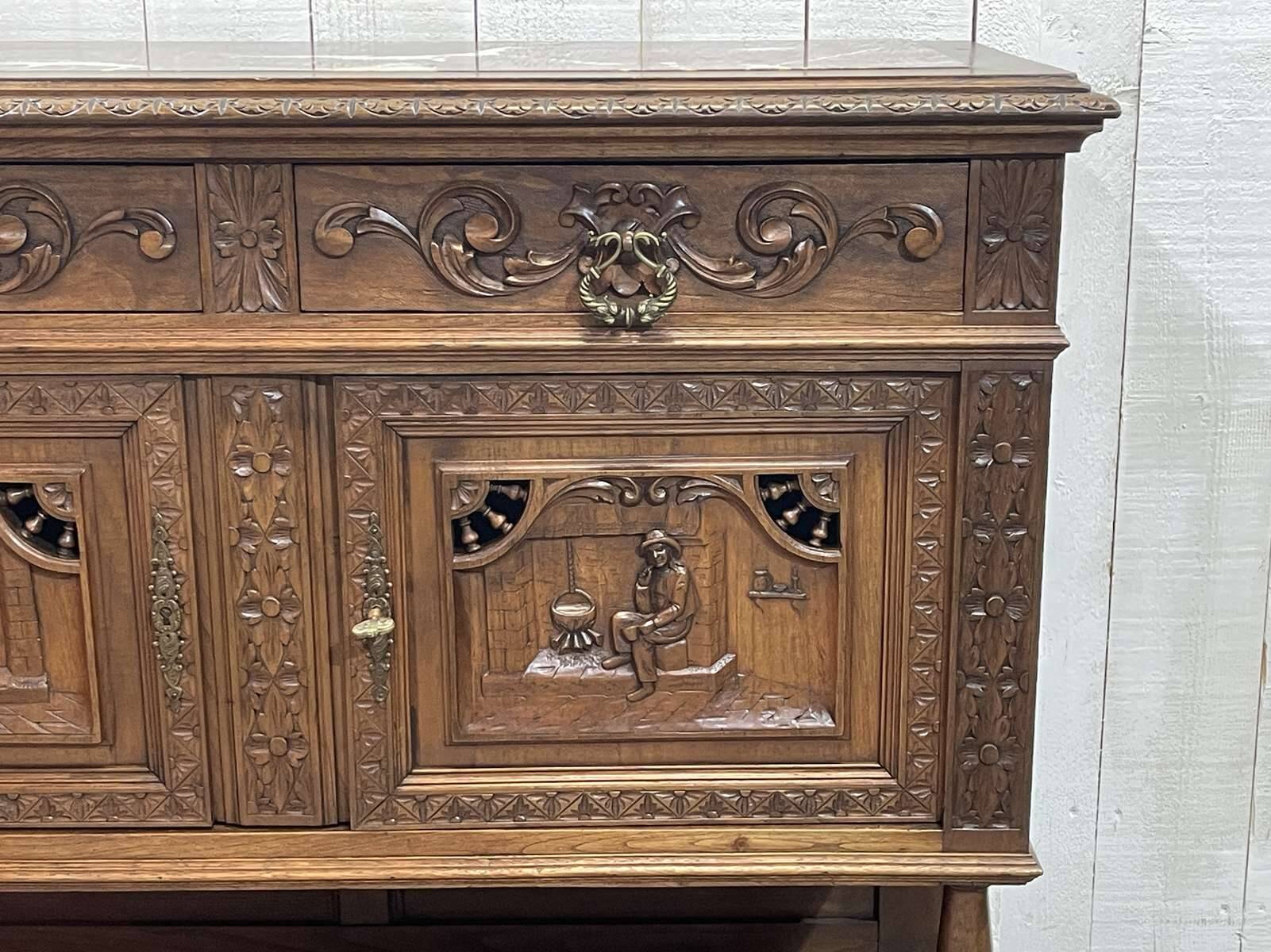 Early 20th century Breton oak serving trolley with a marble top