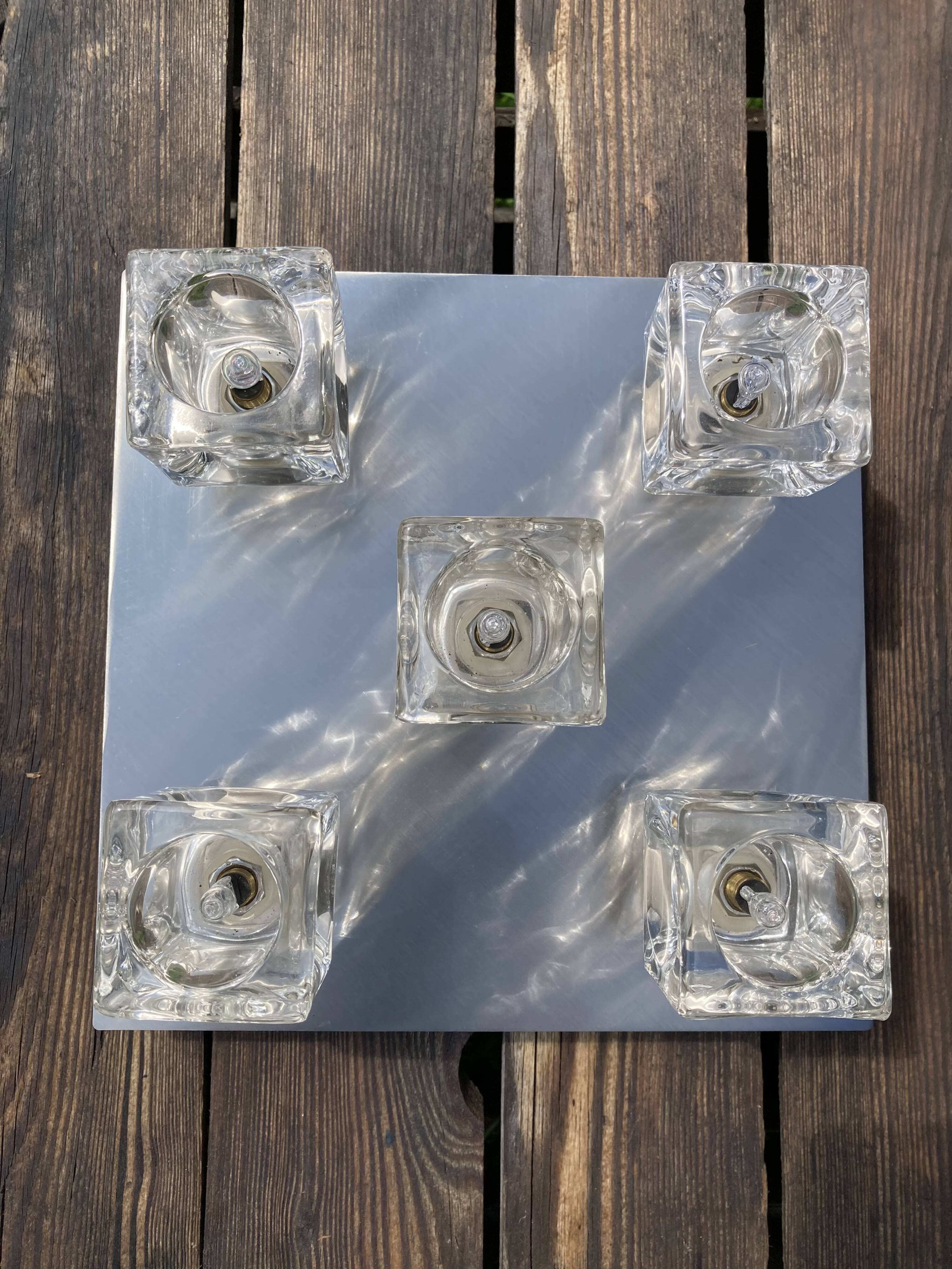 Brushed metal ceiling light and glass globes, 5 halogen candles