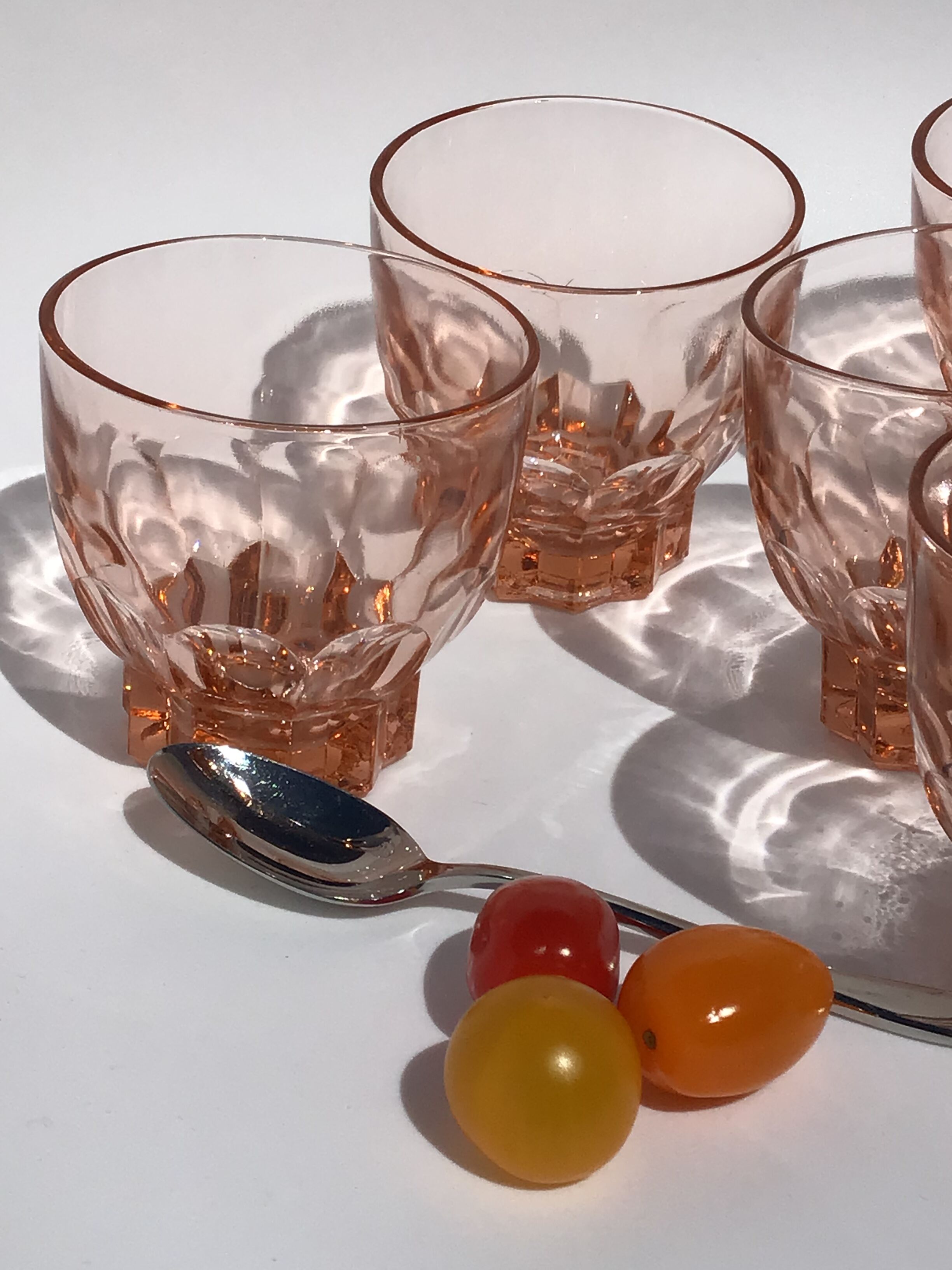 6 orange-pink water glasses star-footed