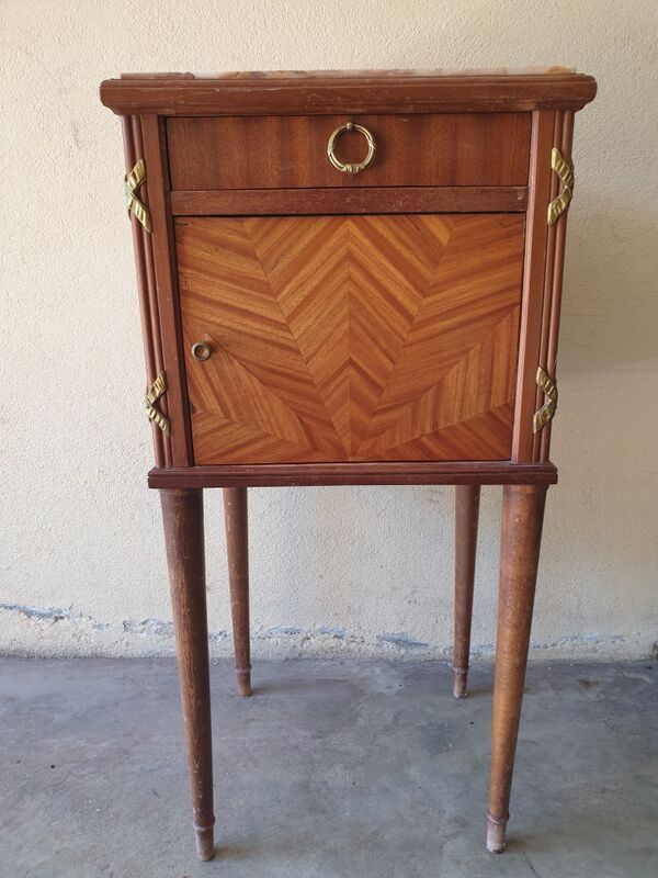 Louis XVI-style wooden veneer bedside table, marble top