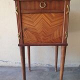 Louis XVI-style wooden veneer bedside table, marble top