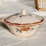 Antique pink earthenware soup tureen - Red floral decoration - Digoin