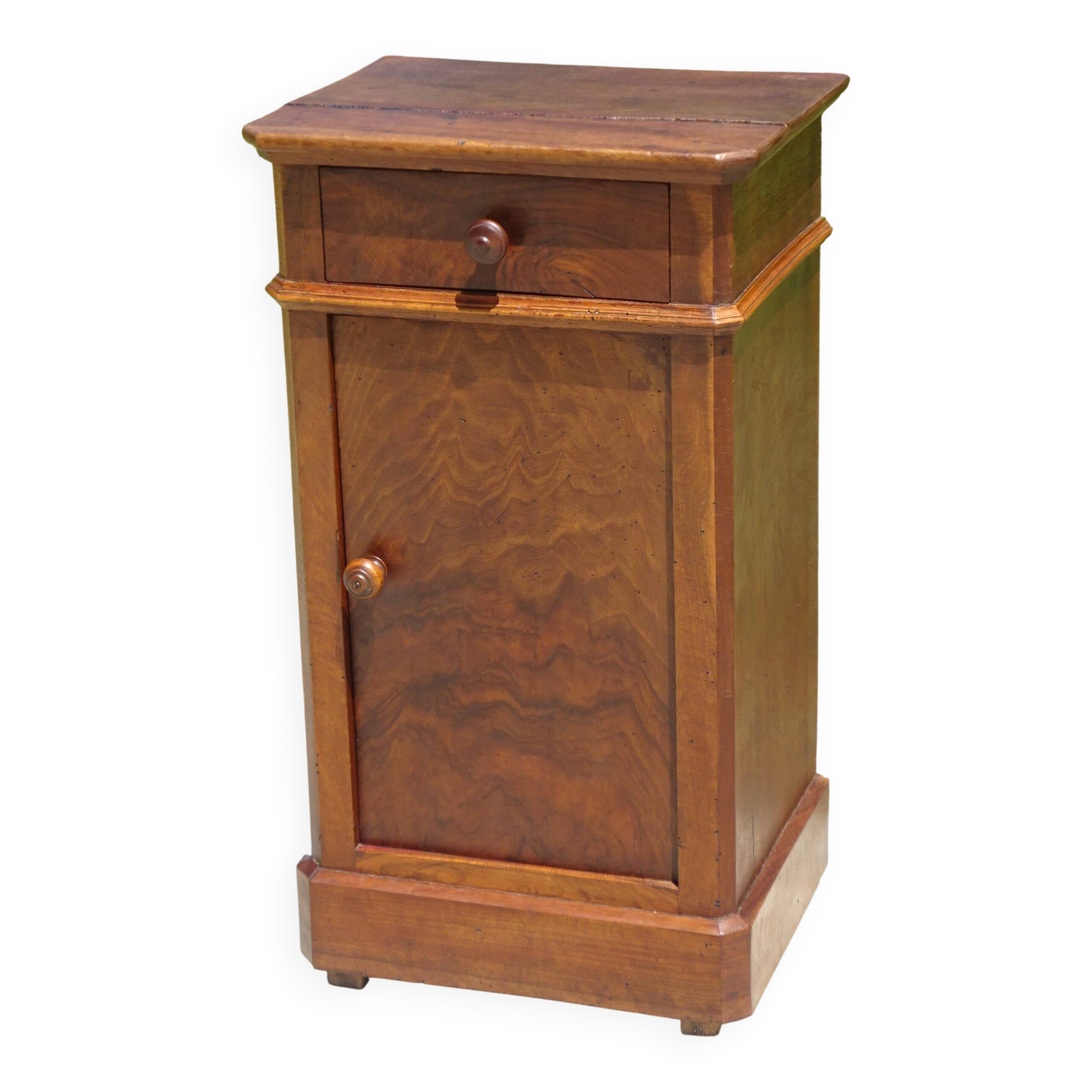 Louis Philippe bedside table in walnut and walnut burl.