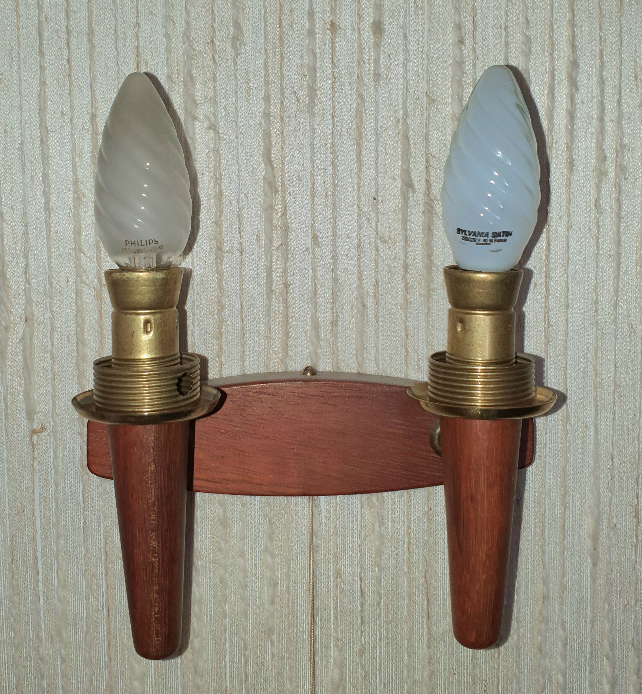 Pair of Scandinavian teak wall lamps with 2 burners 1960