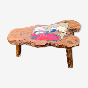 Table basse en céramique émaillée et bois naturel