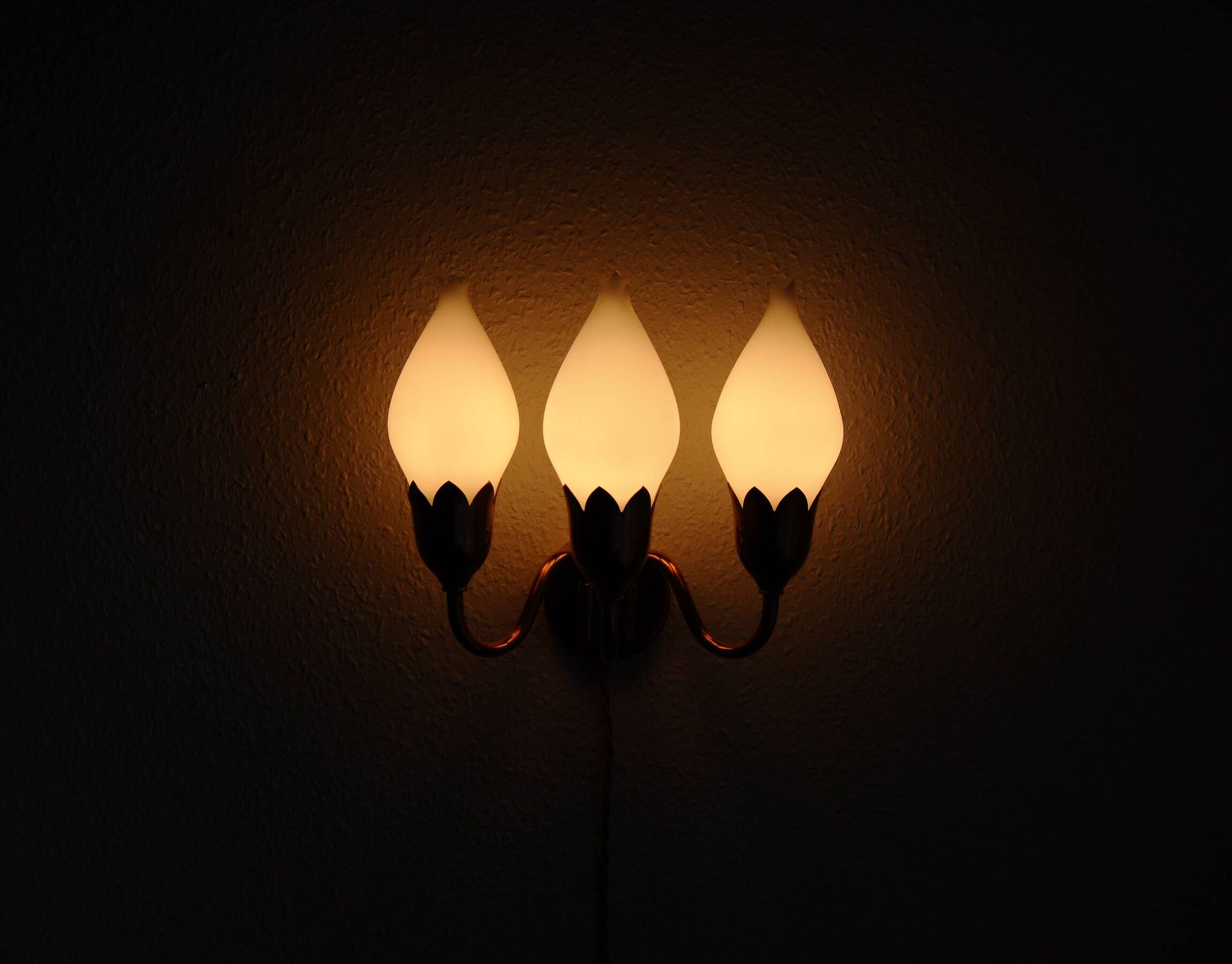 Fog & Mørup 3-Arm Brass and Opaline Glass Tulip Wall Lamp