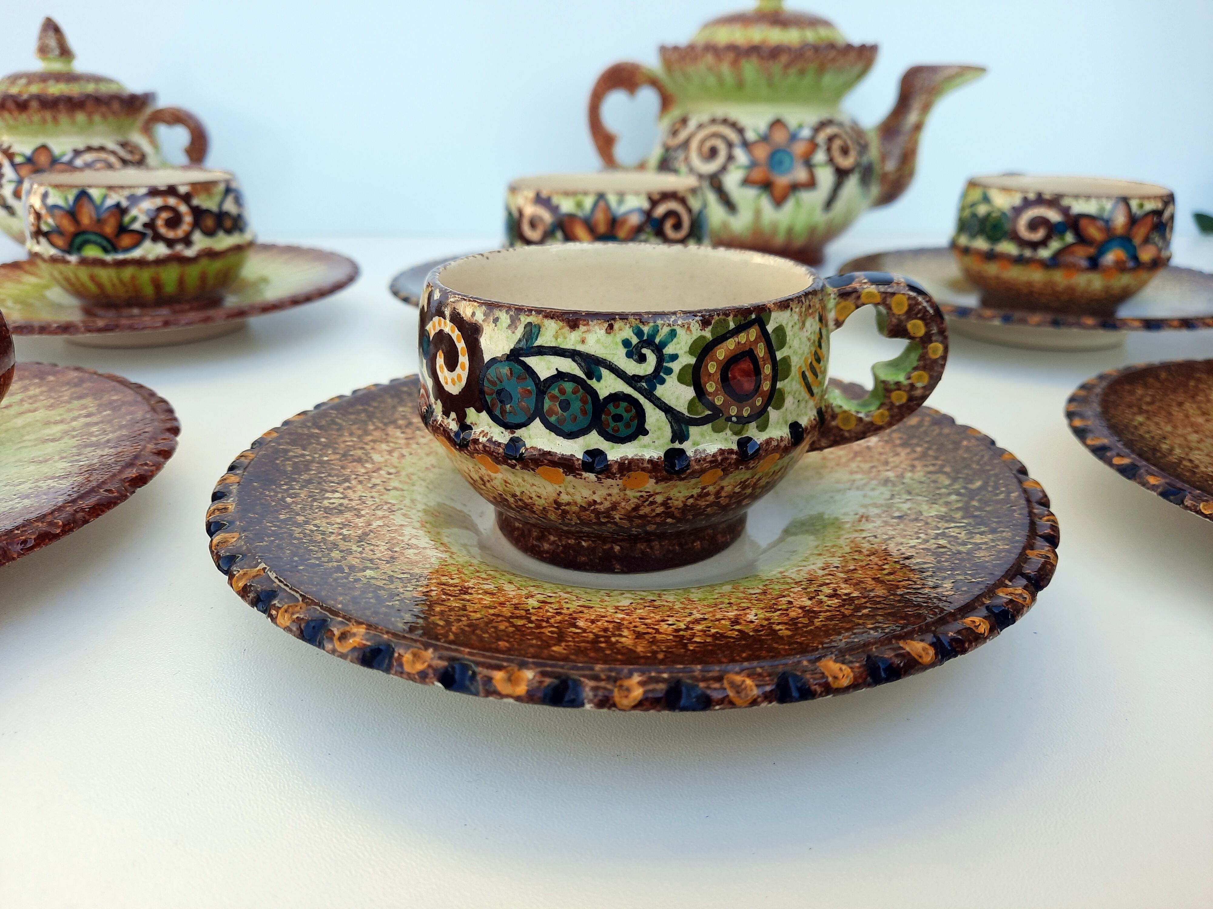 Paul Fouillen Quimper tea set sugar bowl cups and saucers