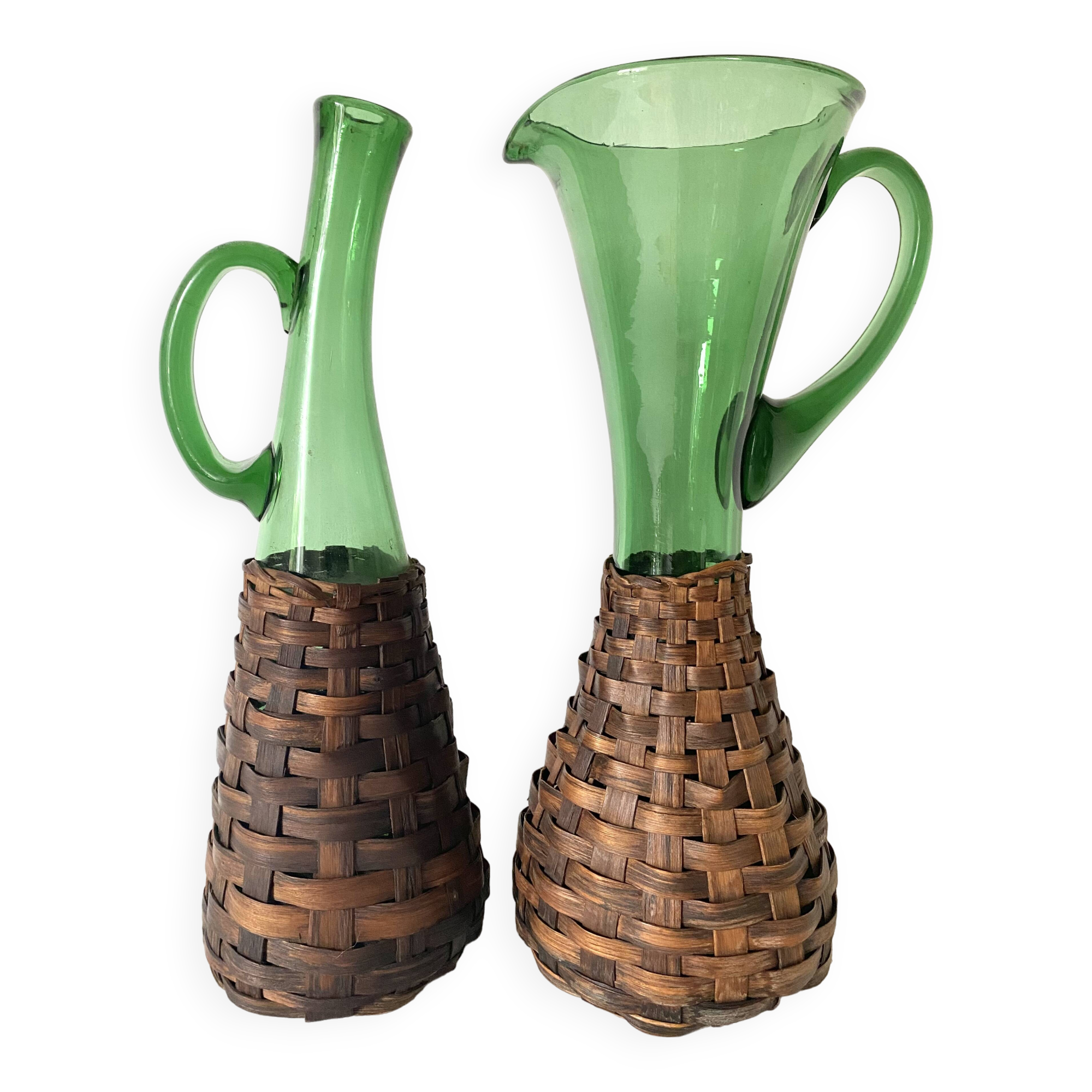 Pitcher and bottle in tinted glass and rattan, Italy, 1960s/1970s