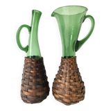 Pitcher and bottle in tinted glass and rattan, Italy, 1960s/1970s