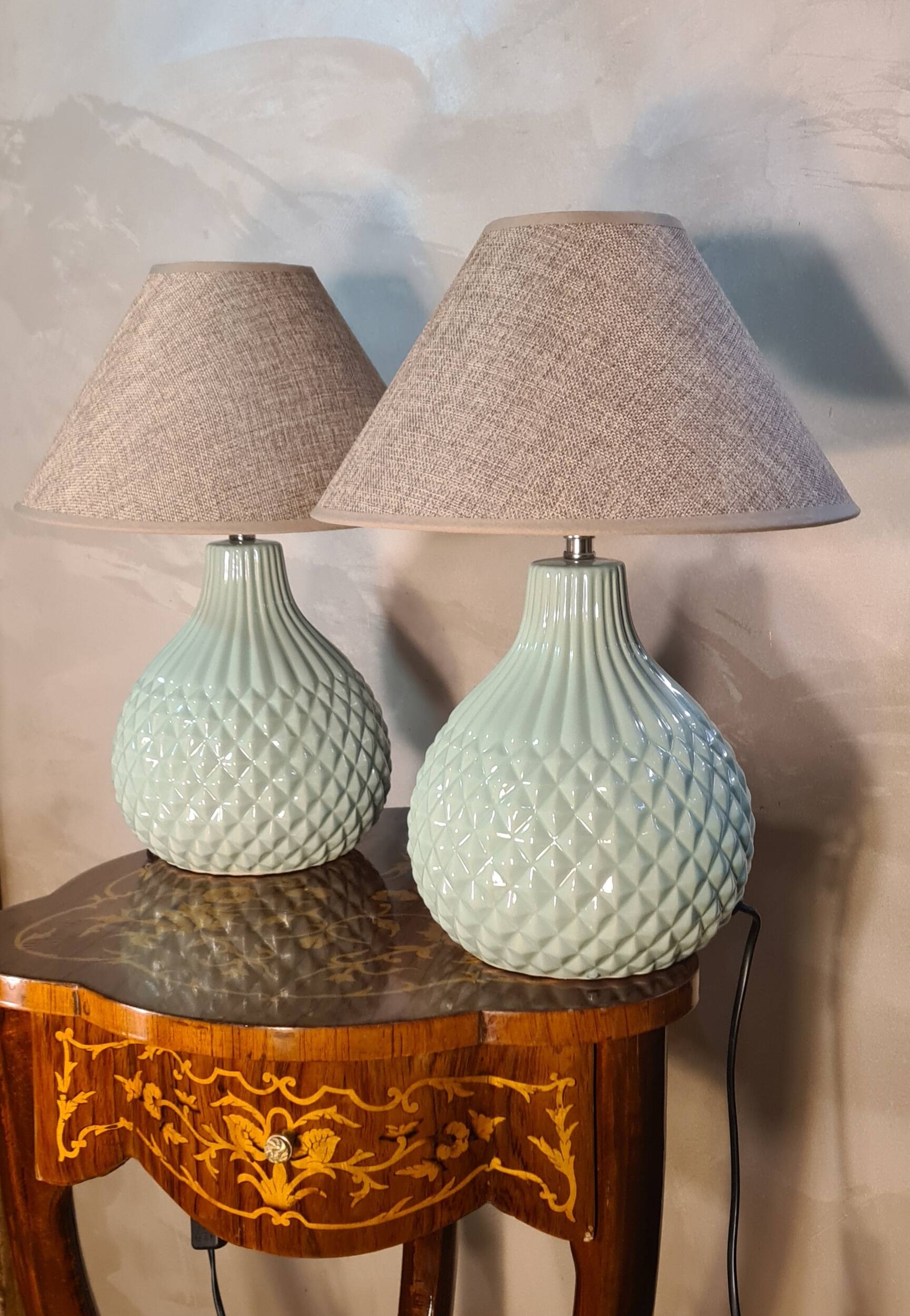 Pair of italian style electric ceramic lamps and new lampshades 43x38