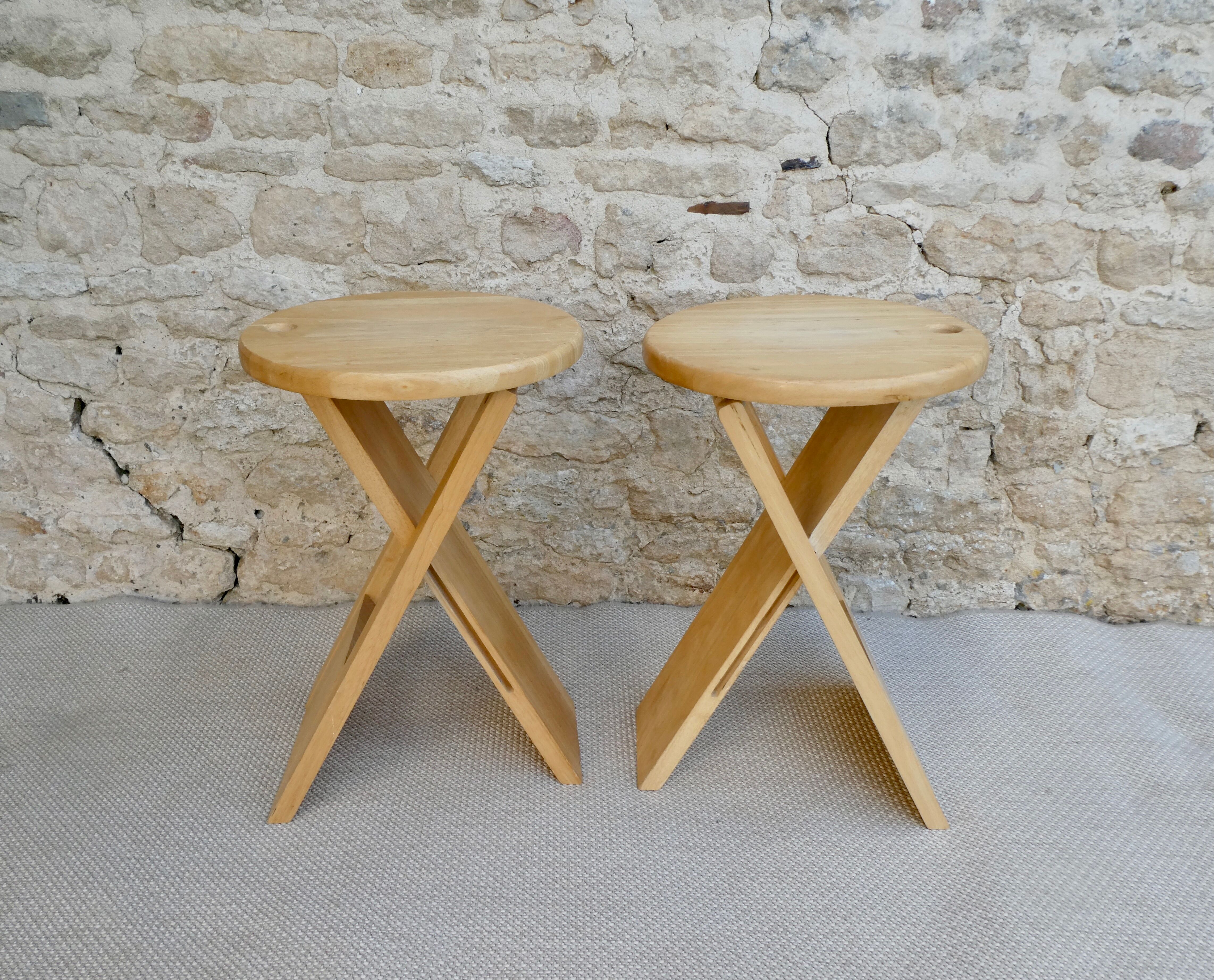 Pair of Adrian Reed wooden folding stools, 70s